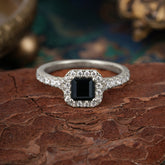 Princess Cut Black Onyx Engagement Ring Halo Half Eternity Pave Band